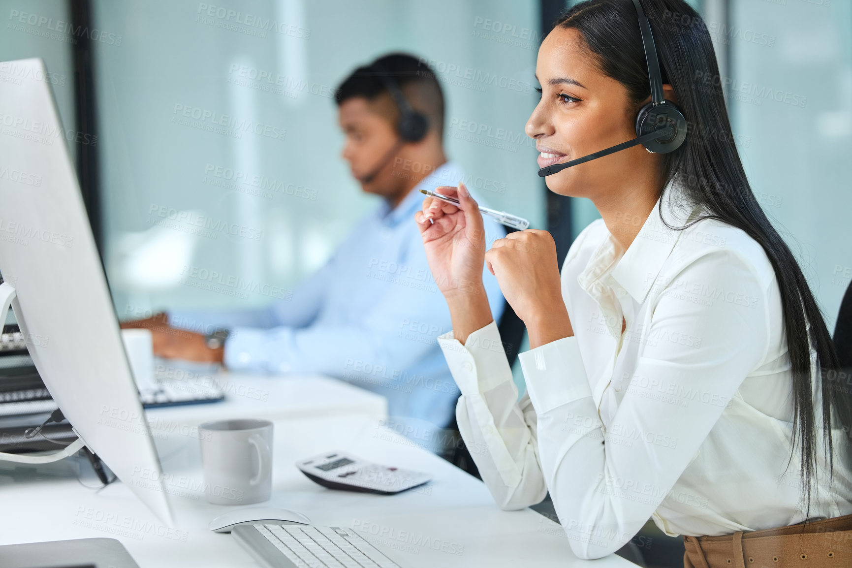 Buy stock photo Computer, callcenter and woman with discussion, headset and sales consultant in customer service conversation. Lead generation, telemarketing and virtual assistant with phone call at help desk office