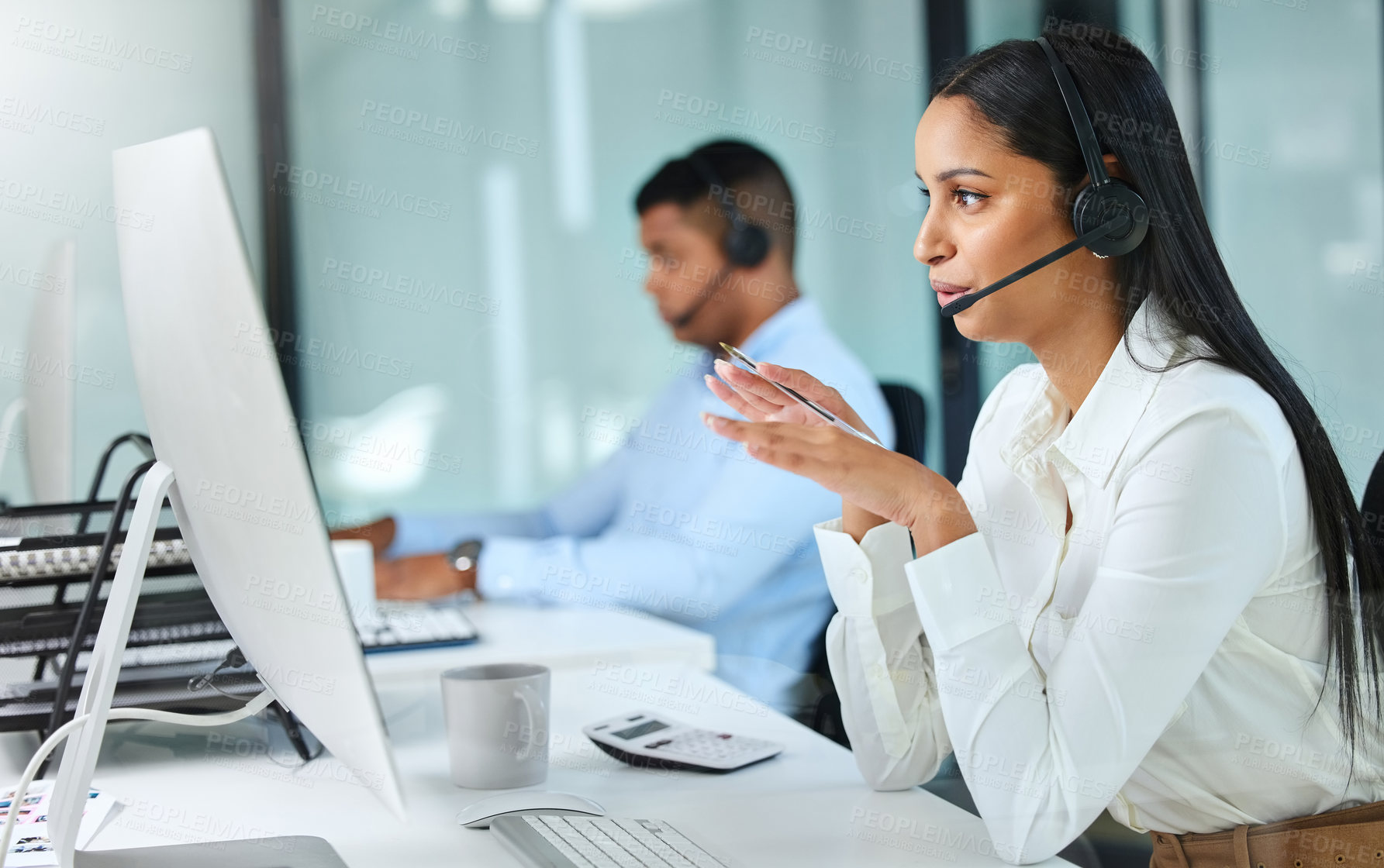 Buy stock photo Computer, callcenter and woman with phone call, headset and sales consultant in customer service conversation. Lead generation, telemarketing and virtual assistant with advice at help desk office.