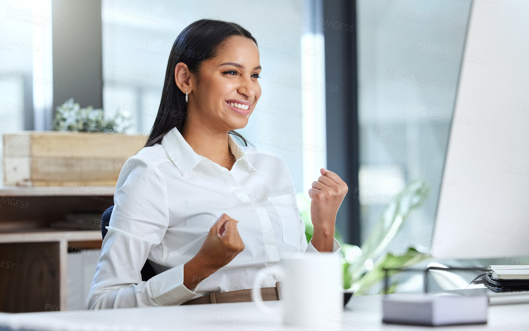 Buy stock photo Success, office and winning woman with excited smile, computer and consultant with online sales target. Business goals, celebration and happy girl in administration with achievement, deal and yes.