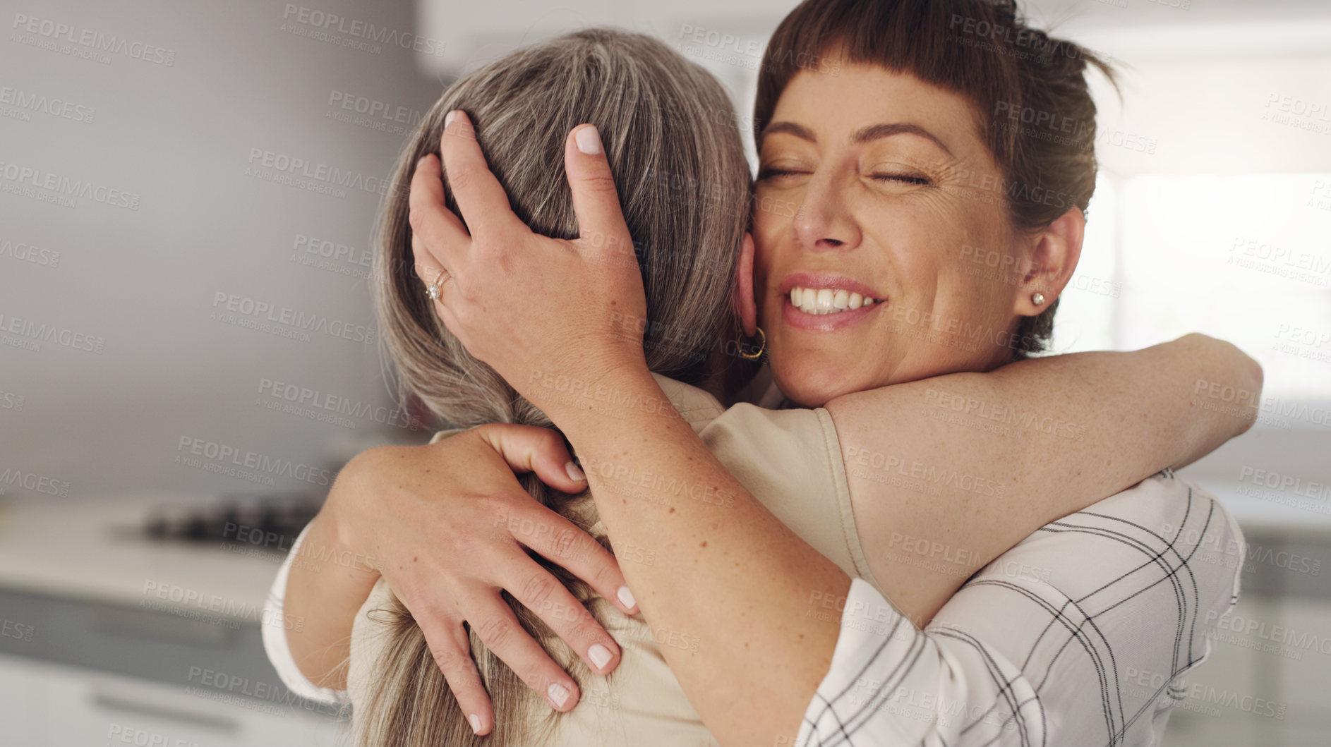 Buy stock photo Woman, senior mother and hug in home for reunion with happiness, weekend visit and support for elderly care. Daughter, mature mom and embrace for love for mothers day, relationship and smile together