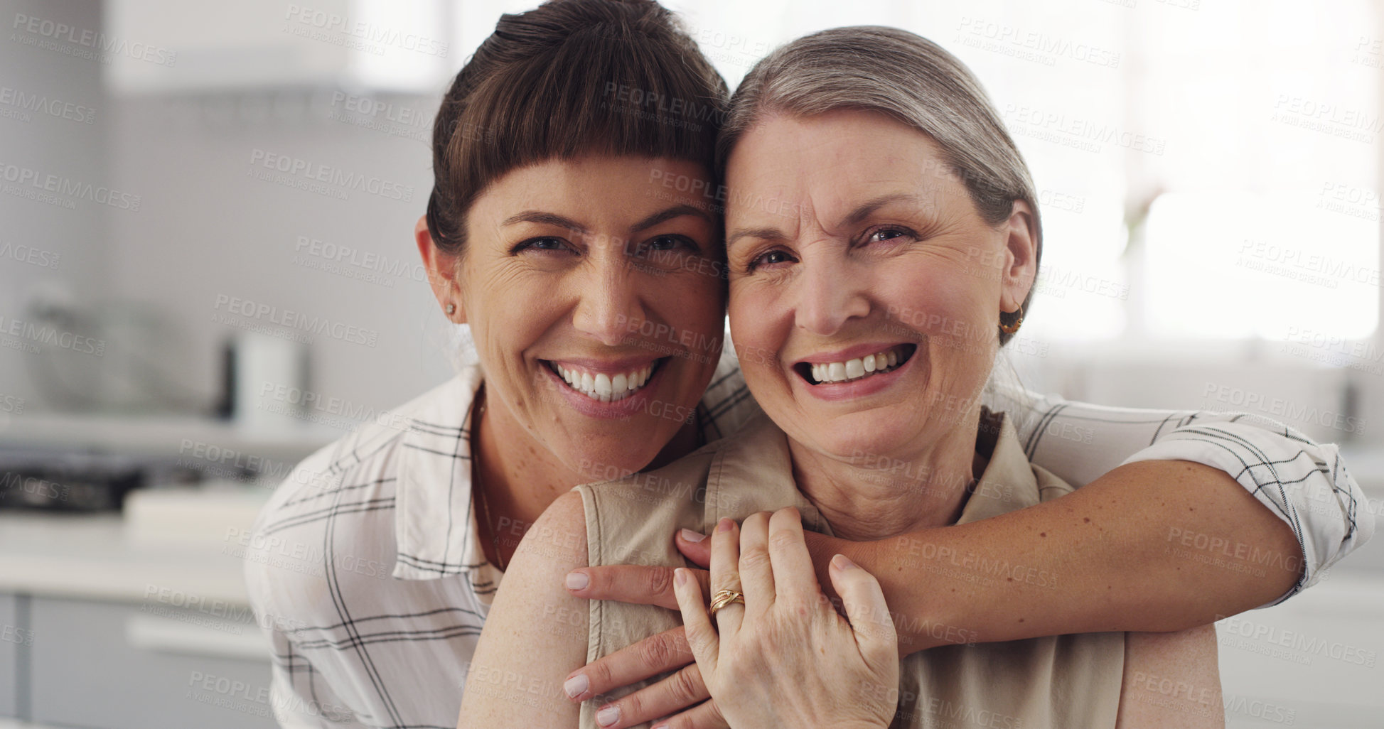 Buy stock photo Senior mom, woman and portrait with hug in family home for love, care and support in apartment. Female people, daughter and smile for mothers day in house with happiness, together and trust in lounge