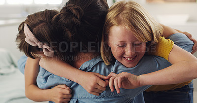 Buy stock photo Mother, hug and student children in home with love for connection, support or bonding together. Family, embrace and parent with girl kids after school for greeting, welcome or happiness in house