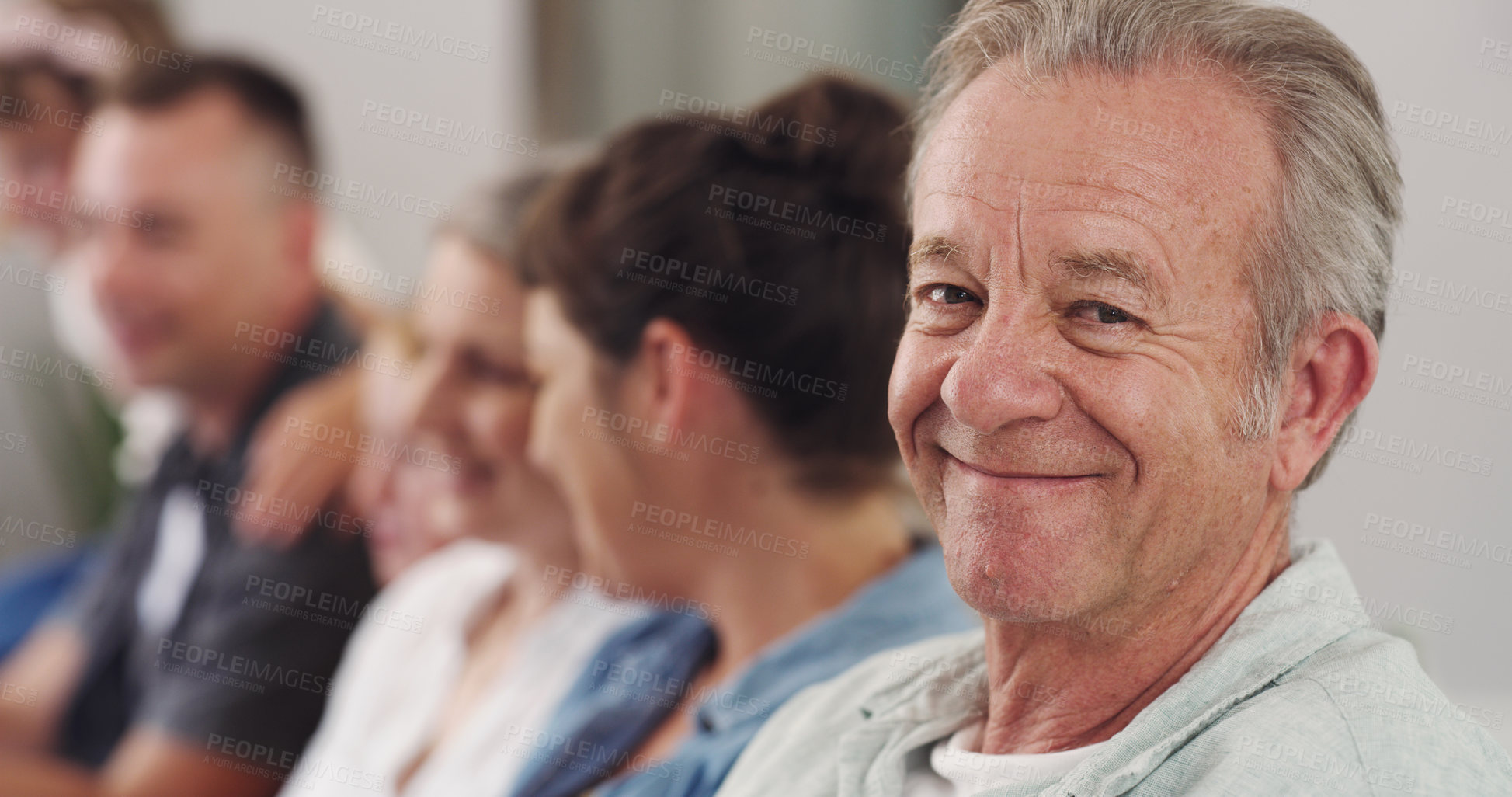 Buy stock photo Portrait, mature man and family on sofa together for love, bonding and retirement visit on weekend break. Male person, smile and people on couch in home happy for care, support and relationship