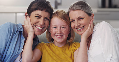 Buy stock photo Portrait, grandma and mom with child on couch for love, support and care in lounge on holiday. Family, daughter and together with happiness for mothers day, relationship and connection in house