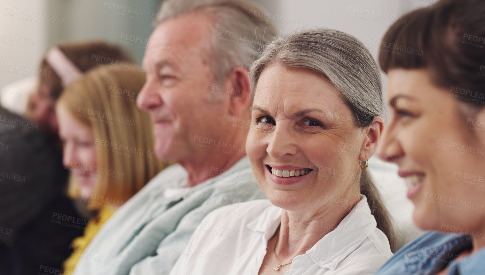 Buy stock photo Woman, portrait and family relax in home for quality time, comfort and bonding moments for reunion or connection. People, together and happy on sofa in living room for support, love and relationship.