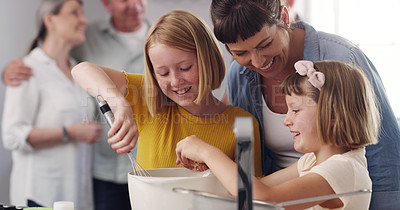Buy stock photo Family, teaching or cooking breakfast in kitchen together for love, bonding and learning on weekend break. Happy, people and children with eggs in home for eating, communication or morning meal 