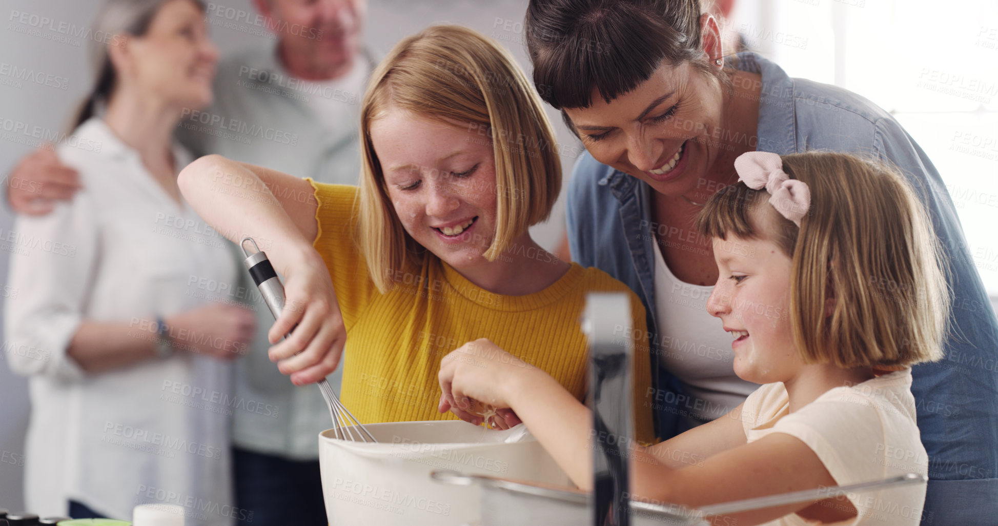 Buy stock photo Family, teaching or cooking breakfast in kitchen together for love, bonding and learning on weekend break. Happy, people and children with eggs in home for eating, communication or morning meal 