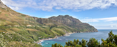 Buy stock photo A photo mountains, coast and ocean from Shapmanns Peak, with Hout Bay in the background. Close to Cape Town