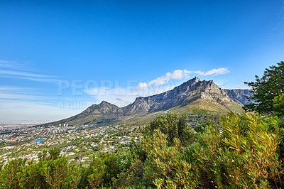 Buy stock photo Beautiful panorama of table Mountain in Cape Town on a sunny day with copy space. Banner of a bright morning and cityscape in South Africa with serene harmony in nature and peaceful landscape views 