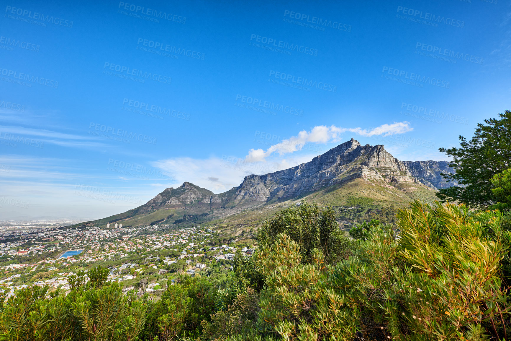 Buy stock photo Beautiful panorama of table Mountain in Cape Town on a sunny day with copy space. Banner of a bright morning and cityscape in South Africa with serene harmony in nature and peaceful landscape views 