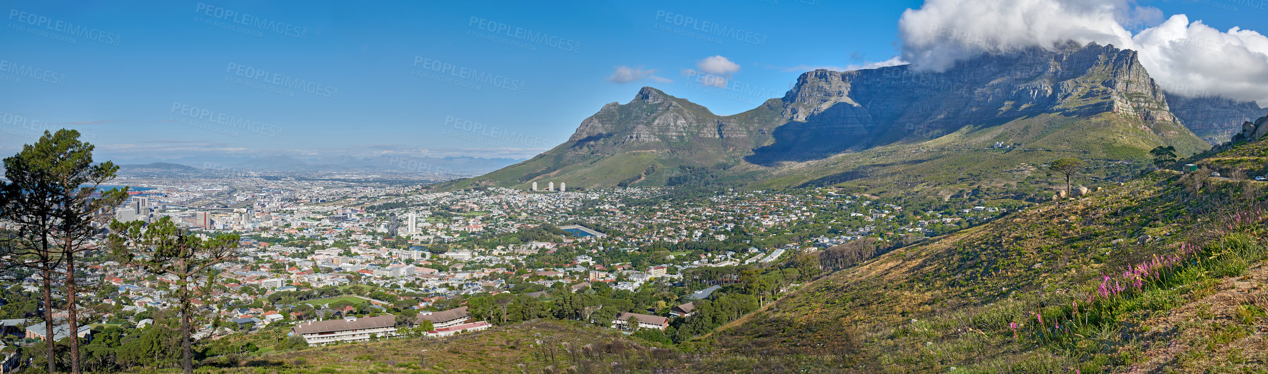 Buy stock photo Panoramic landscape view of the majestic Table Mountain and city of Cape Town in South Africa. Beautiful scenery of a popular tourist destination and national landmark with cloudy blue sky copy space