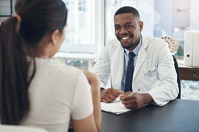 Buy stock photo Doctor, man and writing or patient for consultation with discussion, medical history and diagnosis in clinic office. Healthcare, expert and woman with questions, treatment and checkup with clipboard
