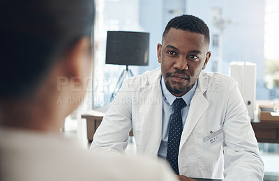 Buy stock photo Doctor, black man and patient for consultation in hospital with discussion, medical history and listening in clinic. Medicine, expert and person with health insurance, treatment and checkup for help