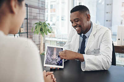 Buy stock photo X ray, patient and doctor with tablet in clinic for medical visit, health and wellness check. Woman, man and conversation in hospital with tech for scan, surgery advice or spine treatment agreement