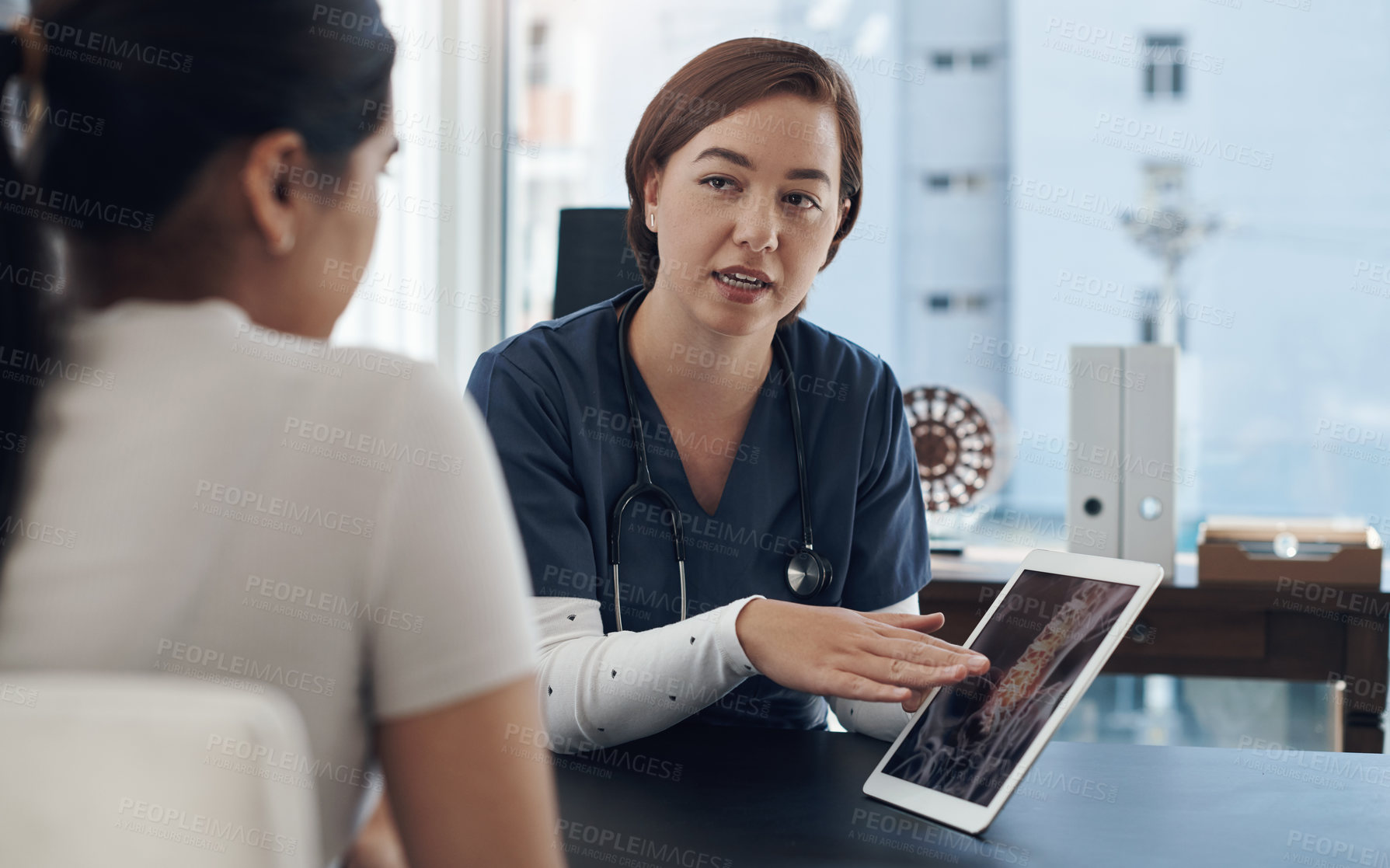 Buy stock photo X ray, patient and doctor with tablet in clinic for medical visit, health and wellness check. Talking, nurse or woman in hospital with tech for scan results , surgery advice or treatment agreement