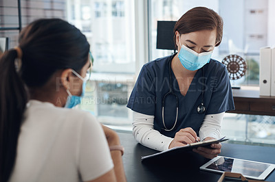Buy stock photo Patient, healthcare and doctor with clipboard, consultation and mask with information, medical insurance and policy. People, medicare or physician with document, results or feedback for virus