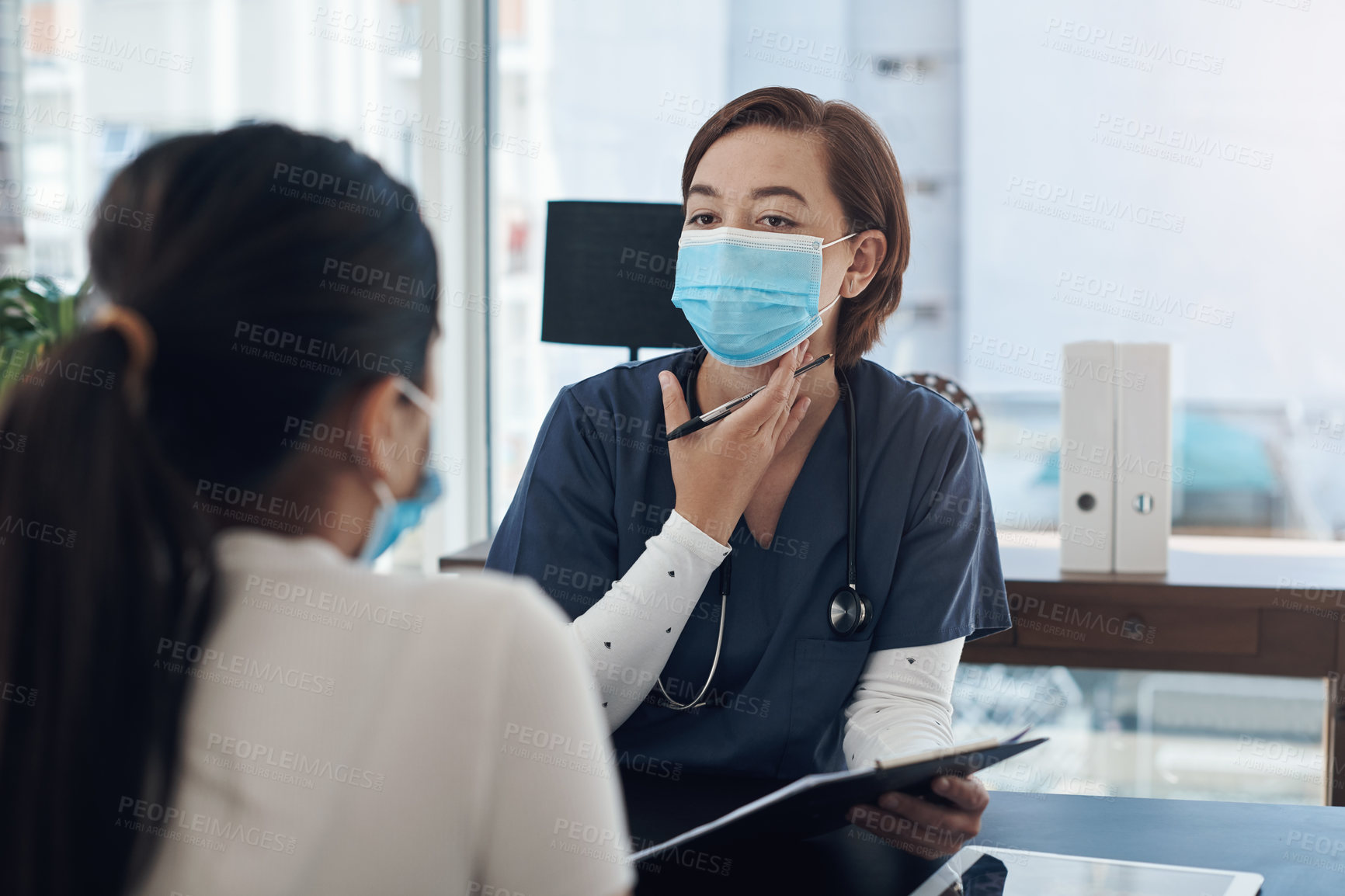Buy stock photo Tablet, diagnosis and doctor for patient with office, hospital and woman or treatment research. Digital technology, healthcare or medical worker with mask, consultation and clinic for symptom checkup
