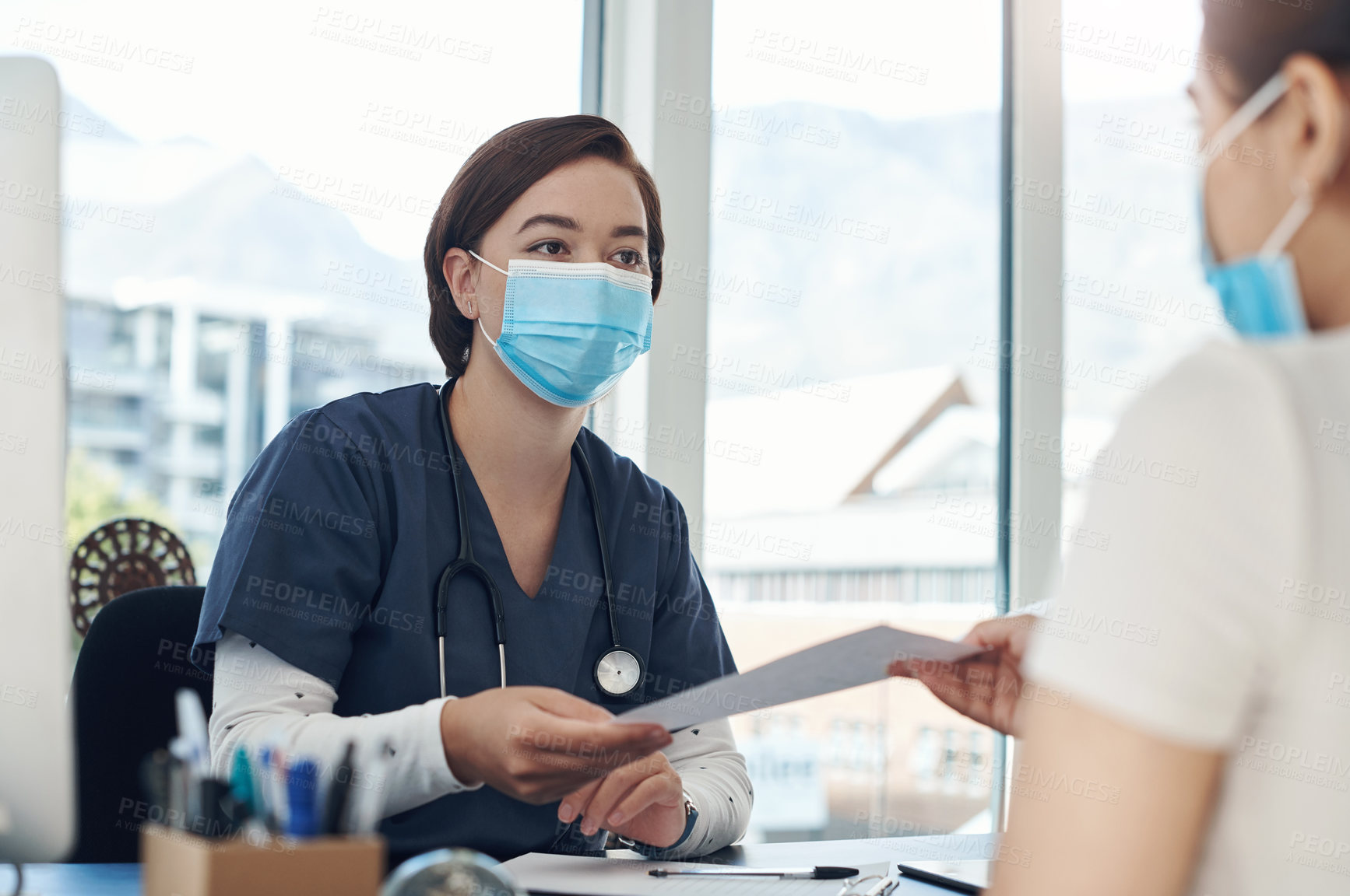 Buy stock photo Prescription, woman and doctor for patient with office, hospital and consent form or treatment research. Document, health insurance or medical worker with mask, consultation and clinic for checkup