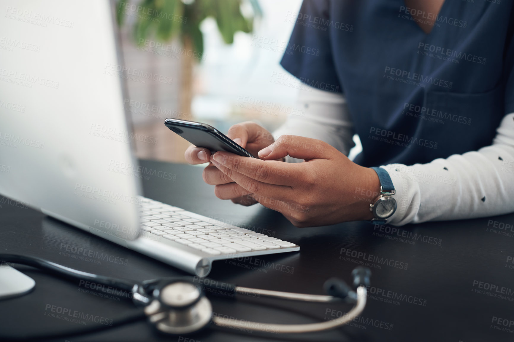 Buy stock photo Internet, hand and doctor by desk with smartphone for  telehealth, check test results and connection for medical article. Office, tech and expert using mobile for wellness app and research diagnosis