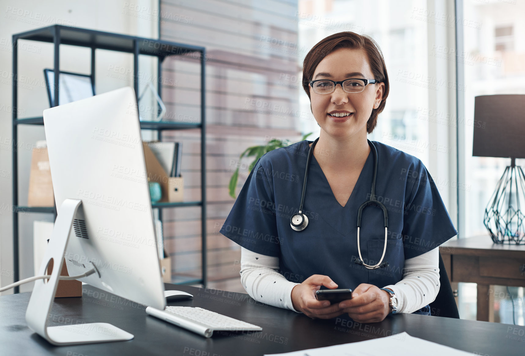 Buy stock photo Woman, portrait and therapist with phone for medical services, advice and consulting in clinic. Happy female doctor, healthcare worker and consultant at desk in hospital for wellness management