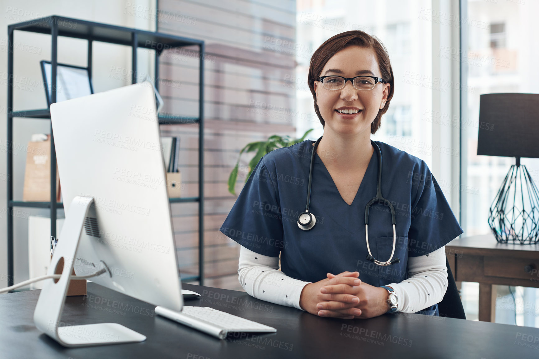 Buy stock photo Woman, portrait and doctor in office for healthcare services, advice and consulting in clinic. Happy female therapist, medical worker and consultant at desk in hospital for wellness management