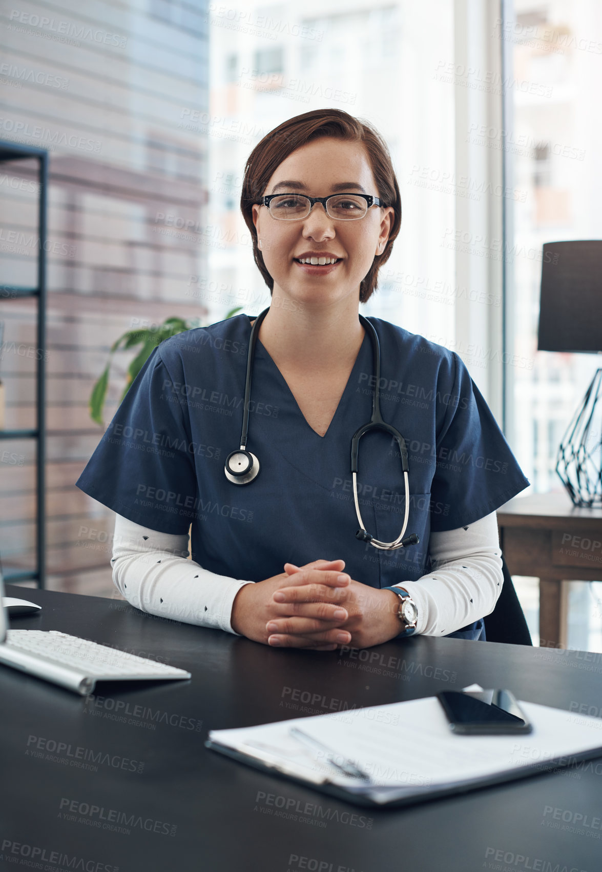 Buy stock photo woman, portrait and therapist in office for healthcare services, advice and consulting in clinic. Happy female doctor, medical worker and consultant at desk in hospital for wellness management