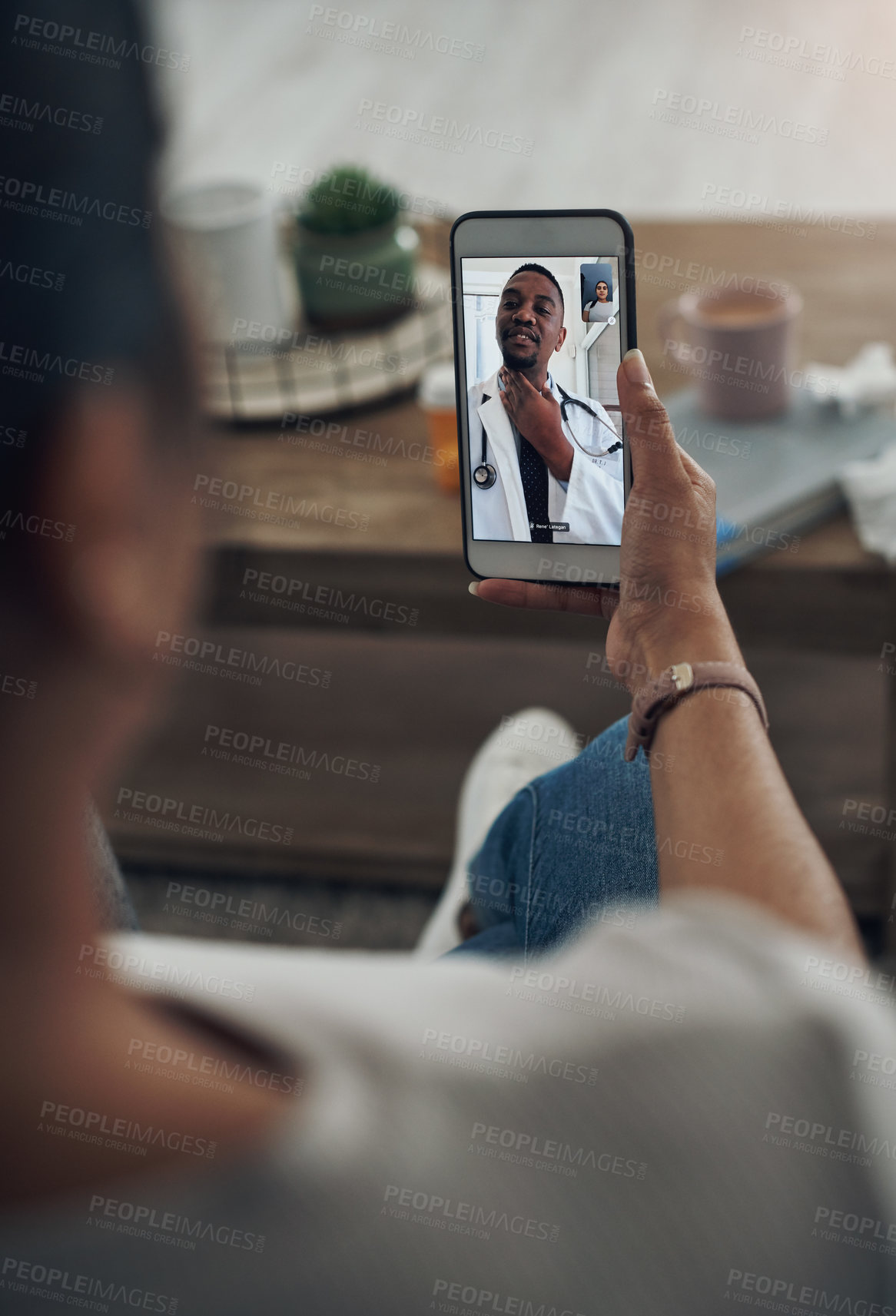 Buy stock photo Phone, remote telehealth with a doctor and a patient in the home for healthcare, medical or insurance. Video call, communication and contact with a medicine professional consulting a person online