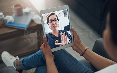 Buy stock photo Tablet, virtual consulting with a doctor and a patient in the home for healthcare, medical or online meeting. Video call, telehealth and remote with a person talking to a medicine professional expert