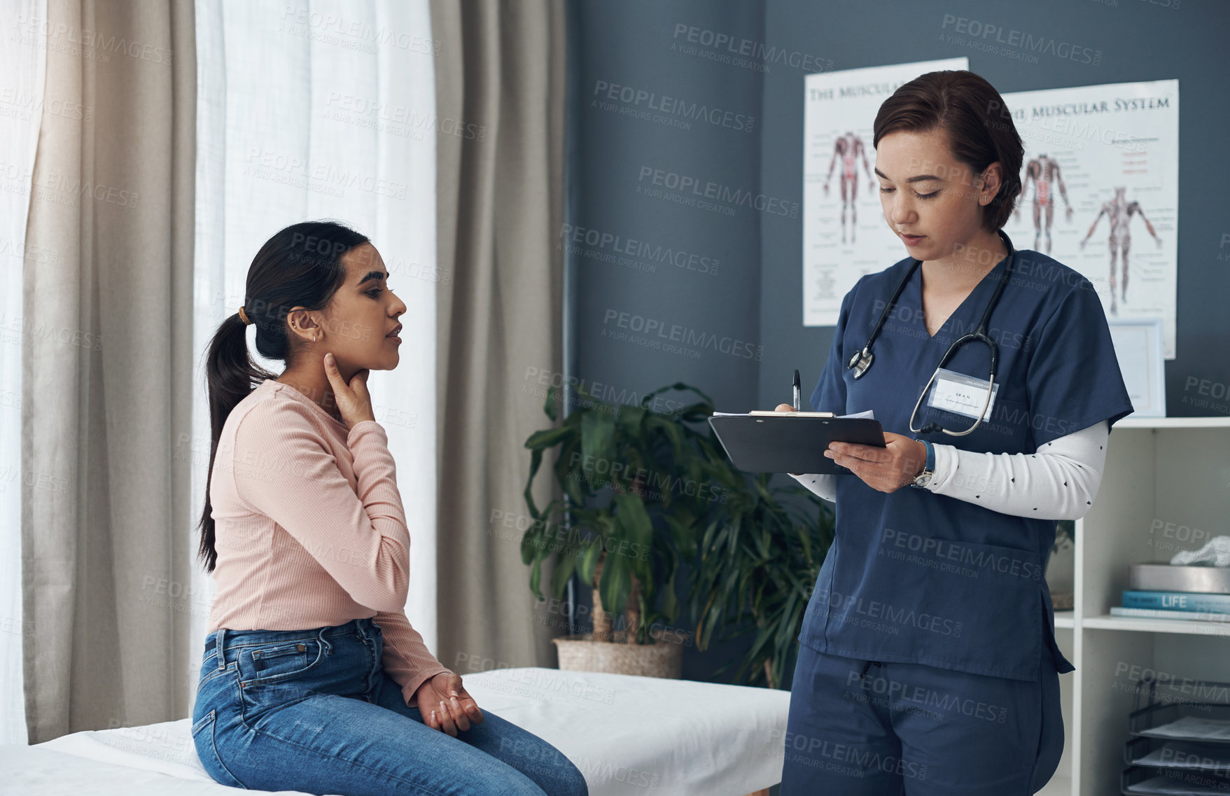 Buy stock photo Healthcare, female nurse and writing for consultation with patient, checklist and diagnosis update. Hospital, woman and medical employee with conversation for information, prescription and clipboard