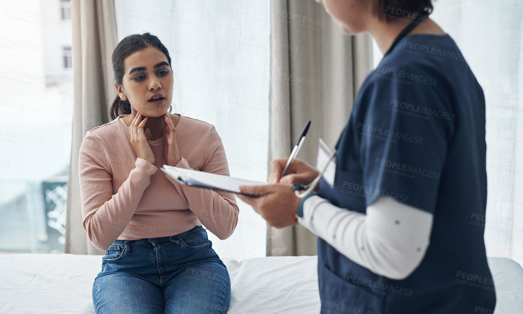 Buy stock photo Nurse, patient and woman or clipboard for sore throat in healthcare with discussion, medical history or checklist on bed. Consultation, expert and problem with question, treatment or help in checkup