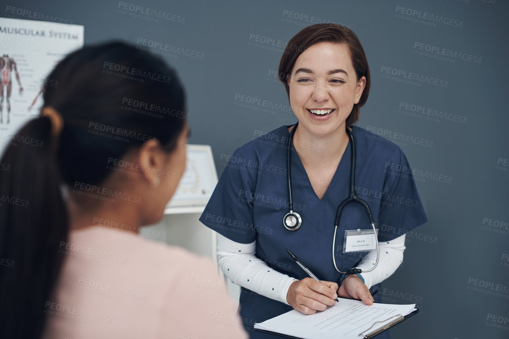 Buy stock photo Doctor, woman and patient or happy with clipboard for consultation in hospital with sick person, medical history and symptoms. Healthcare, expert or notes with question, treatment or smile in checkup