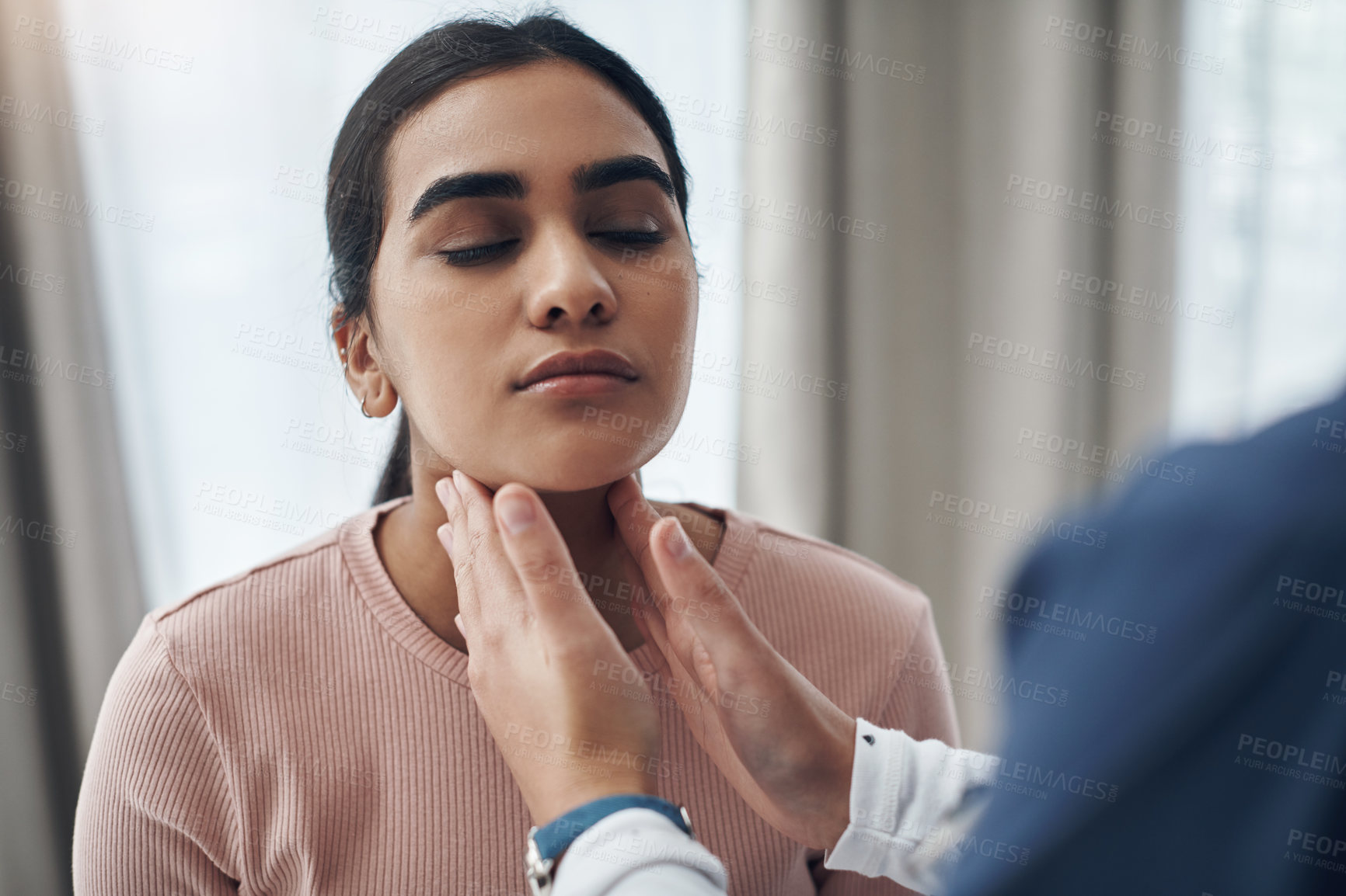 Buy stock photo Nurse, woman and doctor with hands on throat, checking and thyroid issue or glands in healthcare appointment. Clinic, hospital exam and patient for wellness, infection and diagnosis with professional