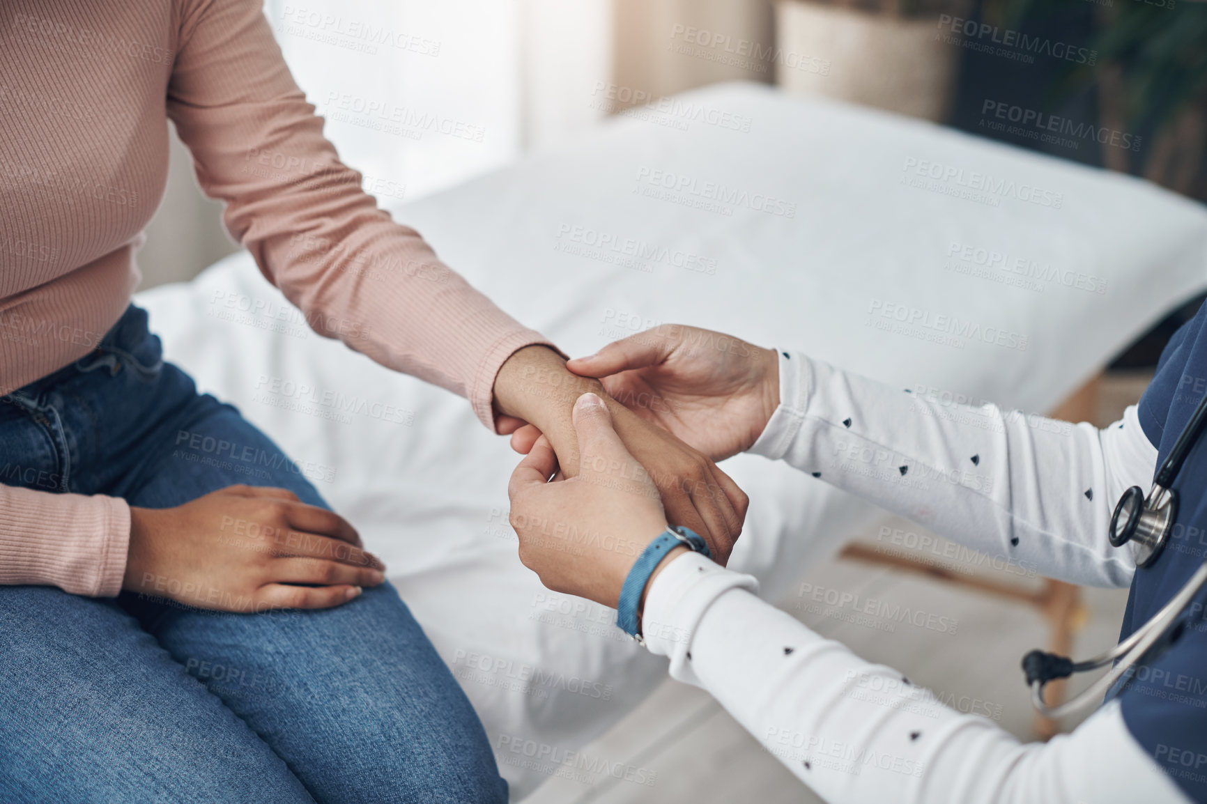 Buy stock photo Doctor, hands and patient with checkup for wrist injury, pain or checking pulse at hospital. Closeup of medical employee, nurse or cardiologist monitoring arm for beat, health or joint ache at clinic