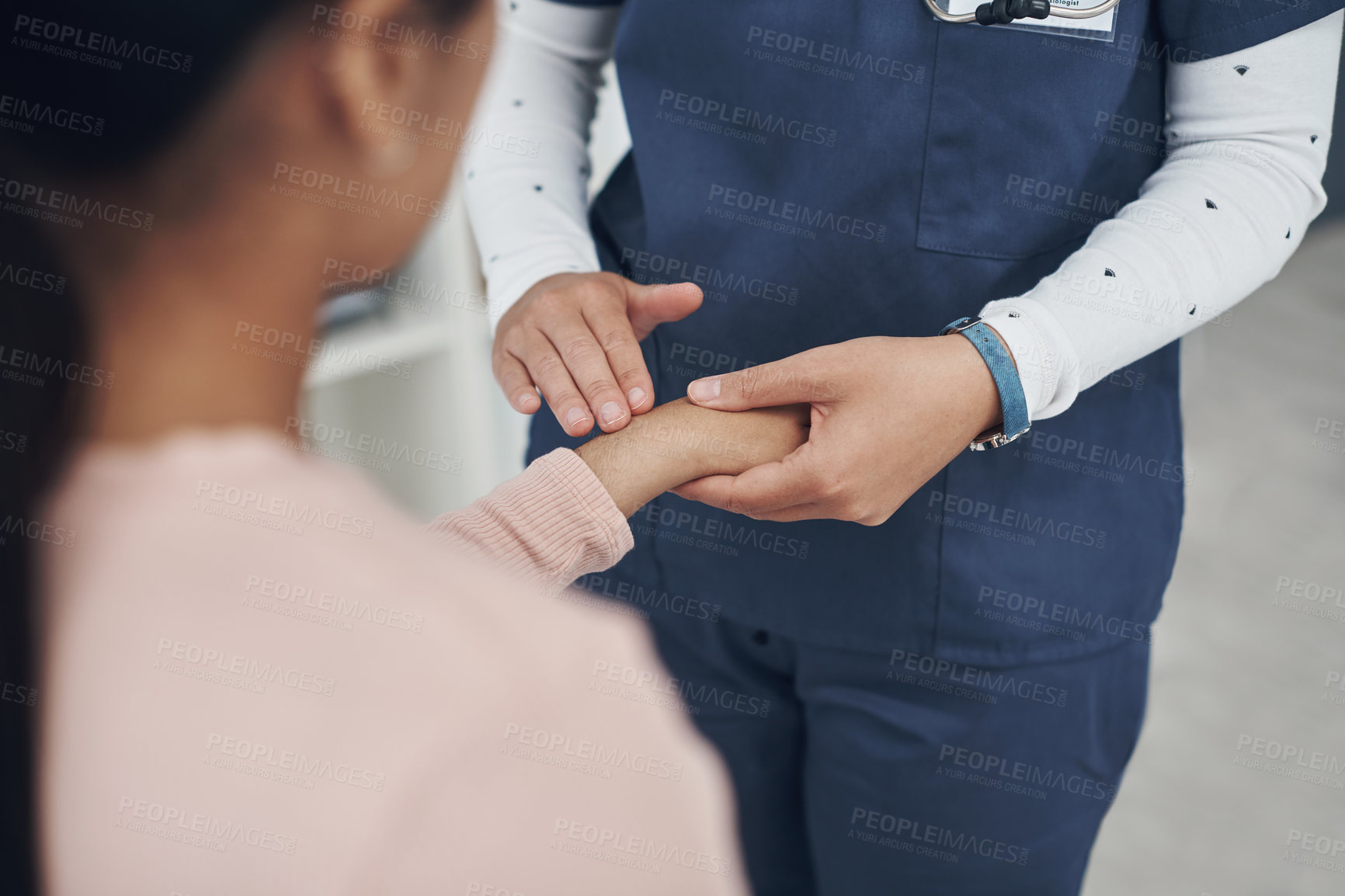 Buy stock photo Woman, doctor and hands with patient for physiothreapy, wrist pain or injury at hospital. Closeup of medical employee, nurse or therapist monitoring arm for checkup, health or joint ache at clinic