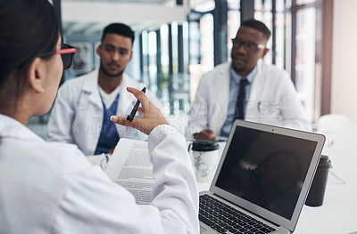 Buy stock photo Doctors, laptop screen and speaker for healthcare in office with teamwork, documents and research. Woman, collaboration and group discussion in boardroom brainstorming for immunotherapy development