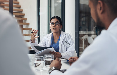 Buy stock photo Thinking, medical people and woman talking in meeting for planning, treatment or opinion of diagnosis. Healthcare, collaboration and doctor with document for info, communication and idea for illness