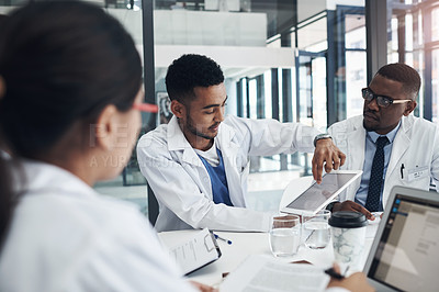 Buy stock photo Teamwork, medical people and man with tablet in meeting for planning, treatment or opinion of diagnosis. Healthcare, collaboration and doctor with screen for info, communication and idea for illness