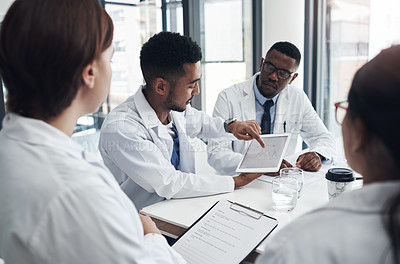 Buy stock photo Doctors, tablet and teamwork for healthcare in office with discussion, documents and research. Nurses, collaboration and group of people in boardroom brainstorming strategy for medical development