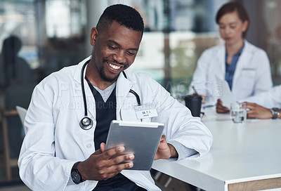 Buy stock photo Office, happy man or doctor with tablet reading report, research or checking hospital schedule. Clinic, meeting and medical professional on digital app for telehealth, networking or consulting online