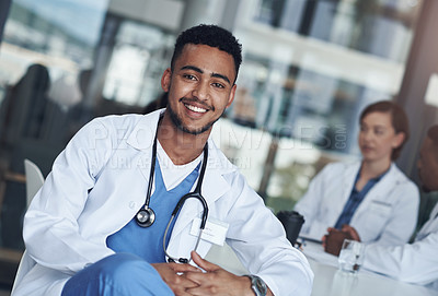 Buy stock photo Portrait, male doctor and hospital for healthcare, physician and medical health staff. Professional, expert and surgeon with stethoscope, man person or cardiologist for case research with colleagues 