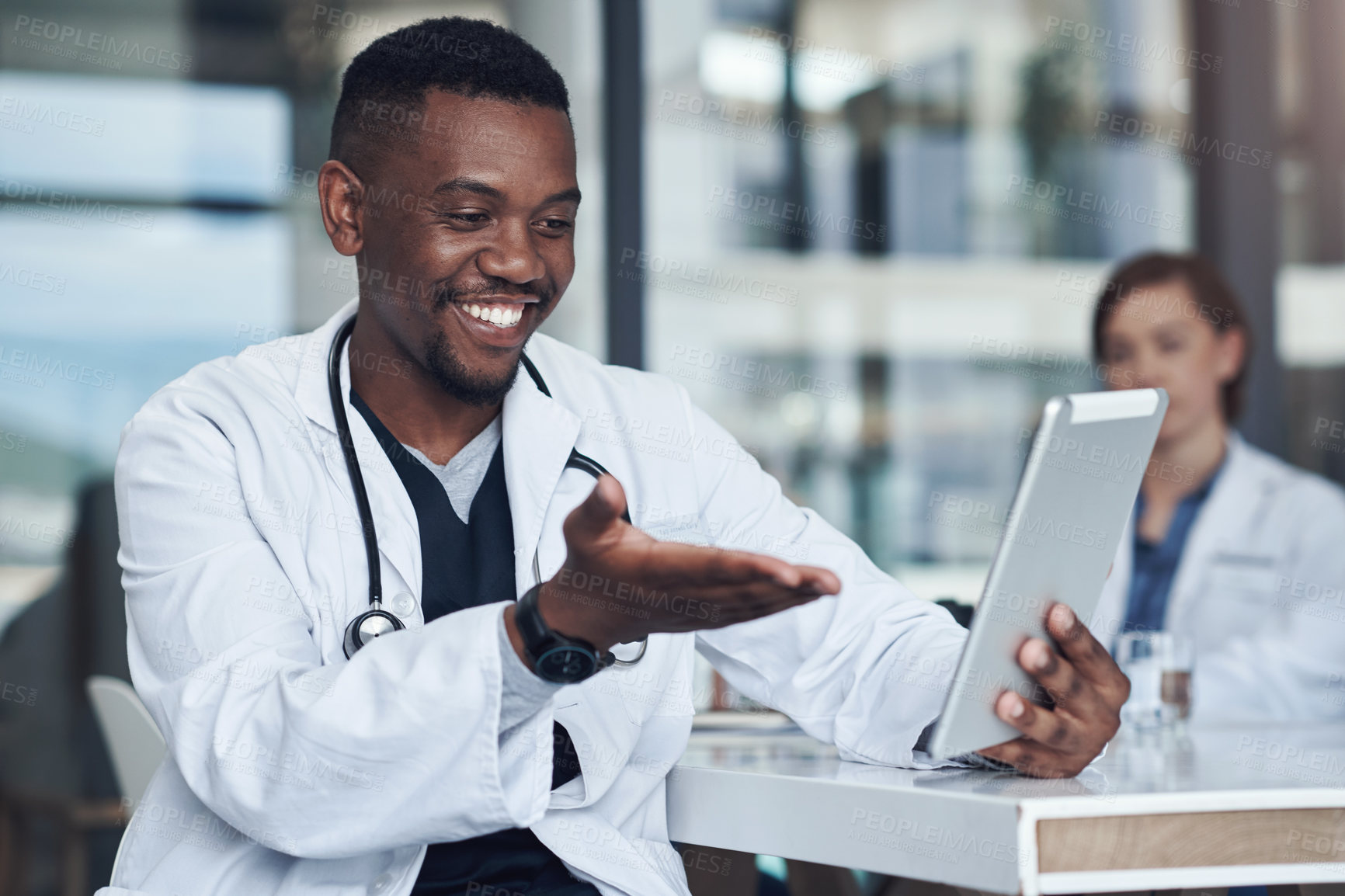 Buy stock photo Video call, black man or doctor with tablet for consulting, results or communication in hospital. Clinic, meeting and medical professional on digital app for telehealth, networking or online advice.