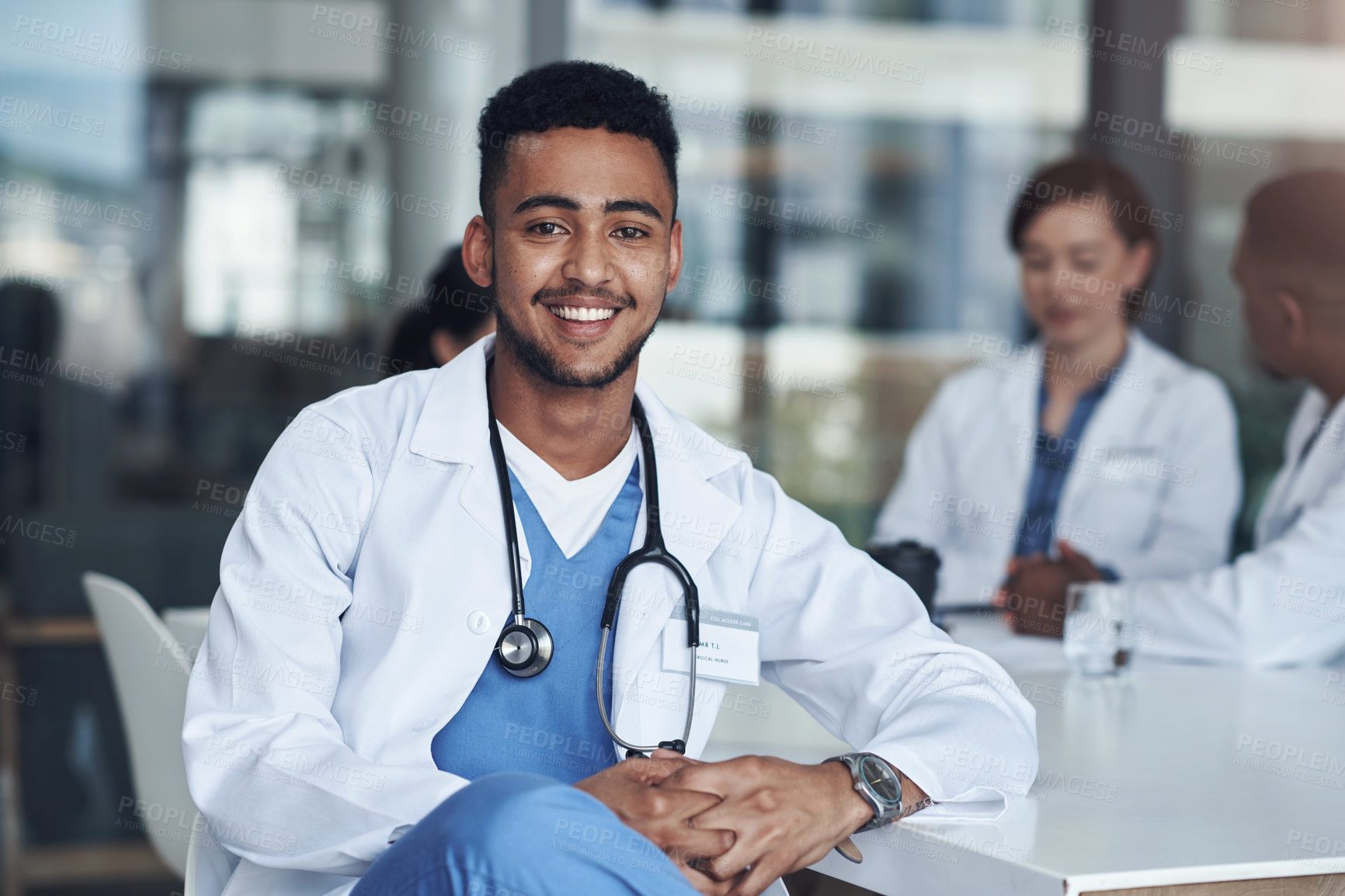 Buy stock photo Portrait, male doctor and hospital for healthcare, physician and medical health staff. Professional, expert and surgeon with stethoscope, man person or cardiologist for case research with colleagues 