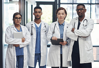 Buy stock photo Doctors, teamwork and portrait for confidence in office for health, wellness and healthcare. Nurses, collaboration and group diversity in workplace with documents for medical meeting or solidarity