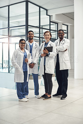 Buy stock photo Diversity, doctors and healthcare portrait in hospital for collaboration with wellness advice, clipboard and team. Happy, global students and internship in clinic with education for medical career