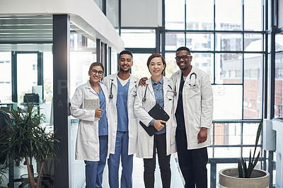 Buy stock photo Doctors, group and smile in portrait with diversity, support and solidarity for medical career in hospital. Medic team, men and women with collaboration, wellness and happy for healthcare services