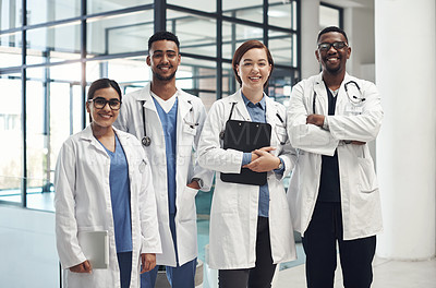 Buy stock photo Diversity, portrait and doctors in clinic for teamwork, wellness and health services. Support, happiness and  medical professional with stethoscope for solidarity, community or internship in hospital