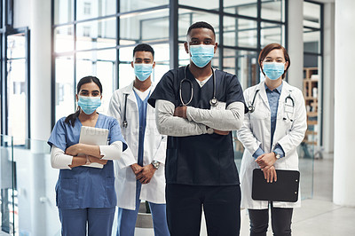 Buy stock photo Portrait, doctors and nurses in hospital as team for collaboration, healthcare and partnership for clinical trial or help. People, diversity and technology for online research or records and work.