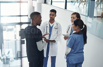 Buy stock photo Doctor, nurse and group in hospital with team for consult for patient health with surgeon for communication. Clinic, working and diagnosis in Switzerland for expert medical treatment or professional