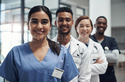 Buy stock photo Doctors, group and portrait with woman in hospital, diversity or solidarity for medical career in row. Medic team, men and people for collaboration, wellness or happy for healthcare service in clinic