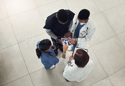 Buy stock photo High angle nurse, doctors and results with tablet, discussion  and digital app for medicine. Team, hospital and planning for medical trial, help and life insurance for communication and collaboration